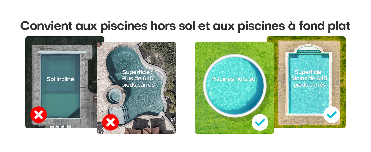 Schéma comparatif montrant les types de piscines appropriés, avec des marques X sur les piscines hors sol et des cases cochées sur les piscines enterrées, à l'aide d'illustrations de piscines circulaires bleues et vertes