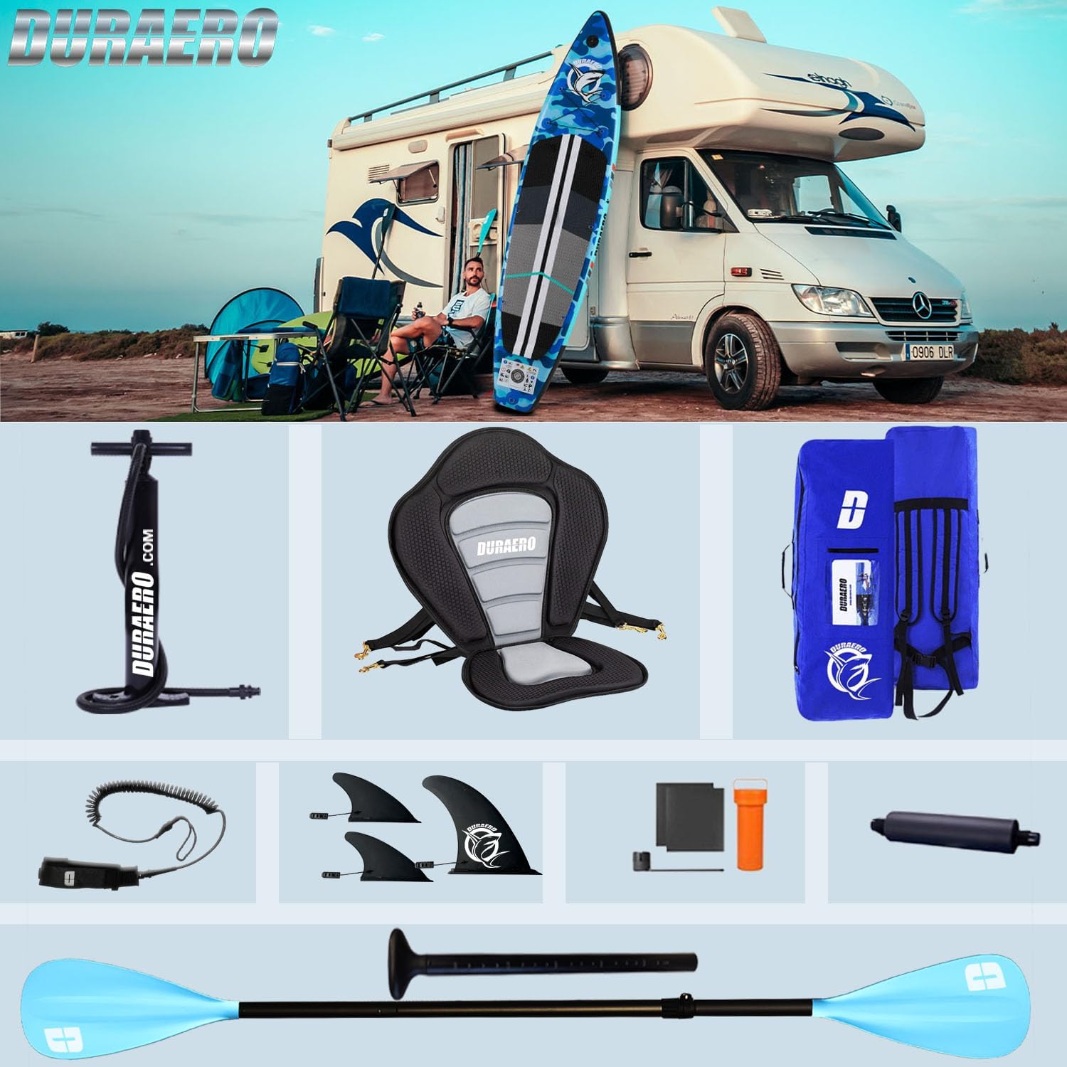 Planche de Stand Up Paddle Gonflable, 330x76x15 cm, kayak, 150 kg, kick-pad, caméra, camouflage Blue