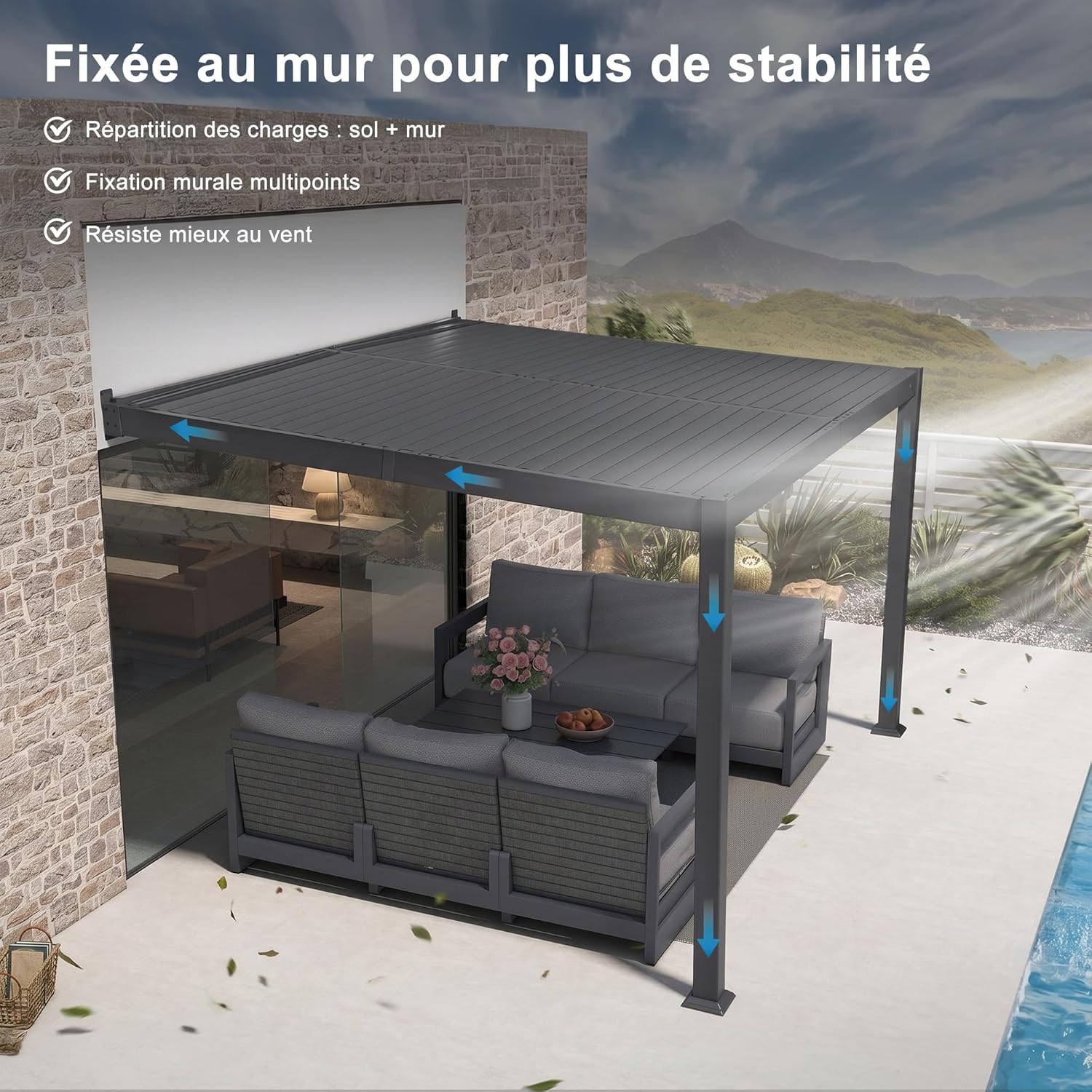 jardinite - Pergola adossée 3x3.65m aluminium lames orientables durable