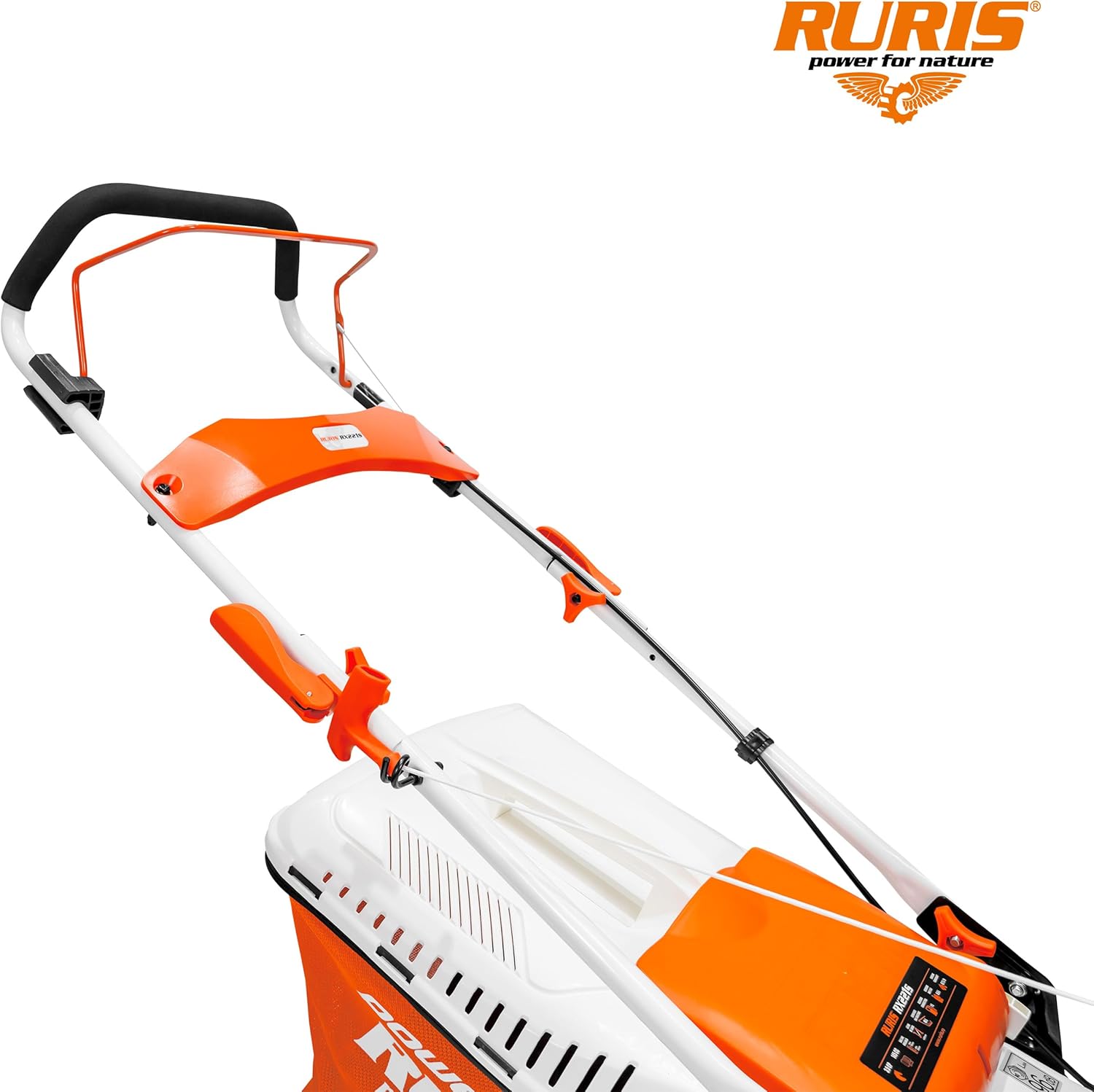 RURIS Tondeuse à Gazon Thermique RX221S, 3,5 CV, 42 cm, Sac 45L, 3 en 1: Collecte, Éjection Arrière, Mulching, Châssis Acier, Hauteur de Coupe 25-75 mm, Orange