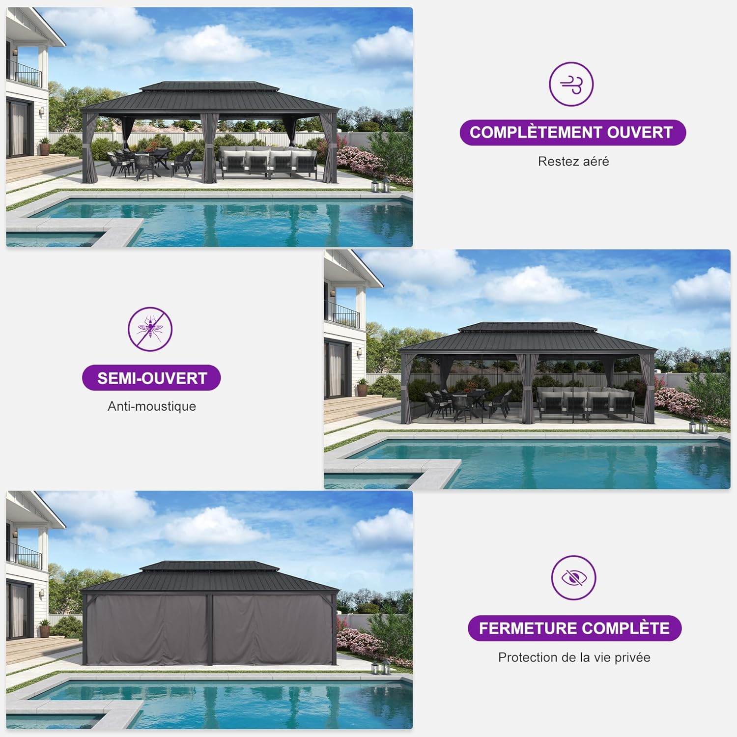 jardinite - Pergola série extérieure - 7.32x4.25m - alu, éclairage, moustiquaire, rideaux, gouttière, poteaux renforcé
