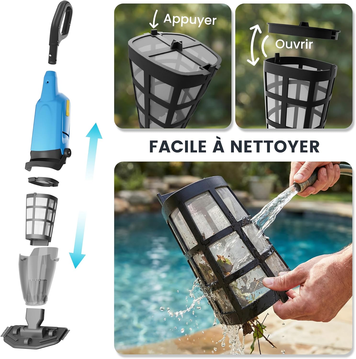 Aspirateur de piscine sans fil - 90min d’autonomie - 4088 L/h - idéal spas