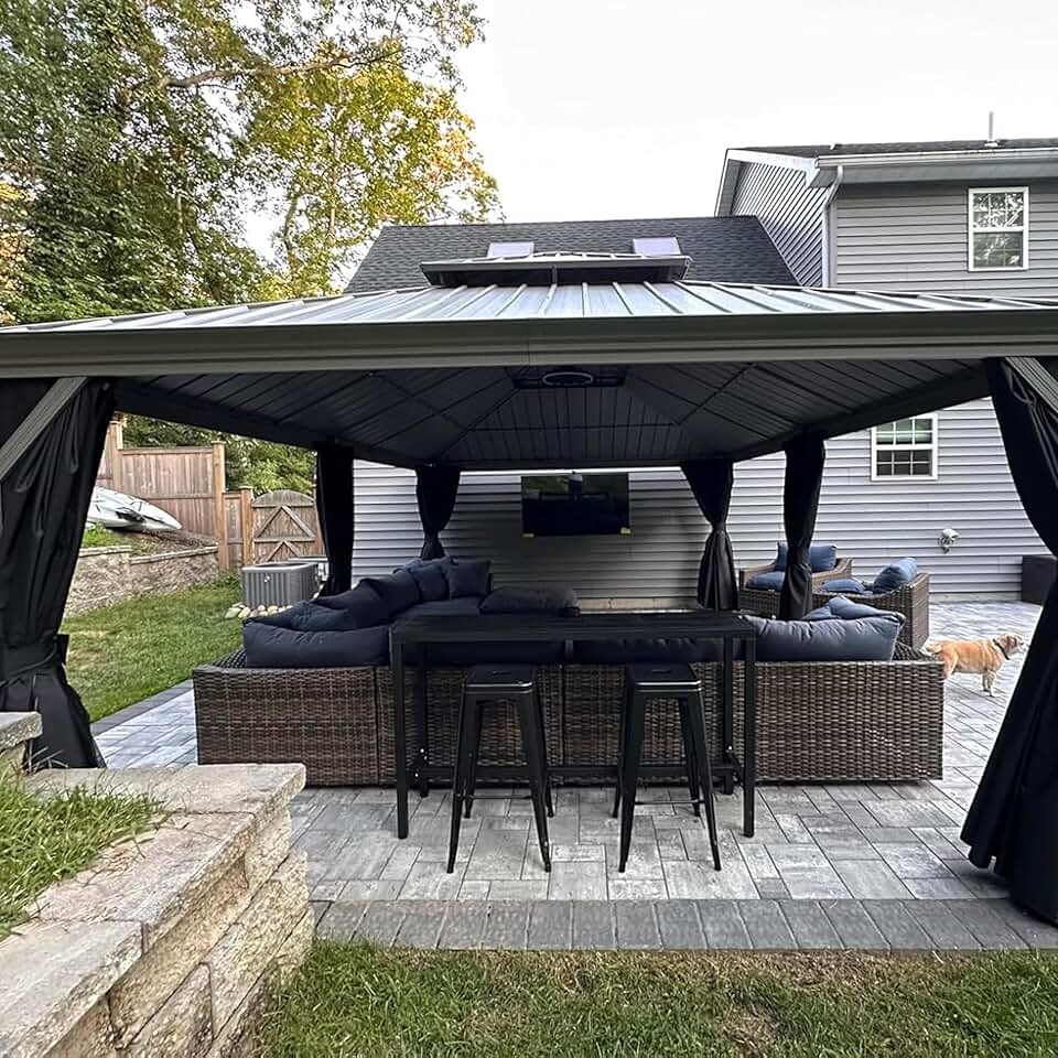 jardinite - pergola double toit - 4,25x6m - alu, rideaux, moustiquaire, guirlande