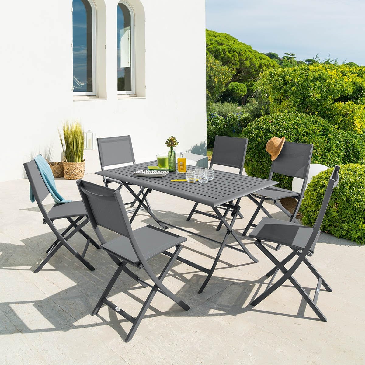 jardinite - Azua table de jardin pliante 6 places, aluminium gris