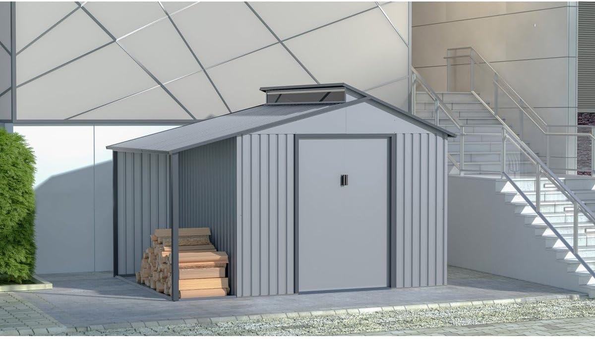 Abri de jardin métal avec pergola - 9,12 m² - 257x355x237cm - gris