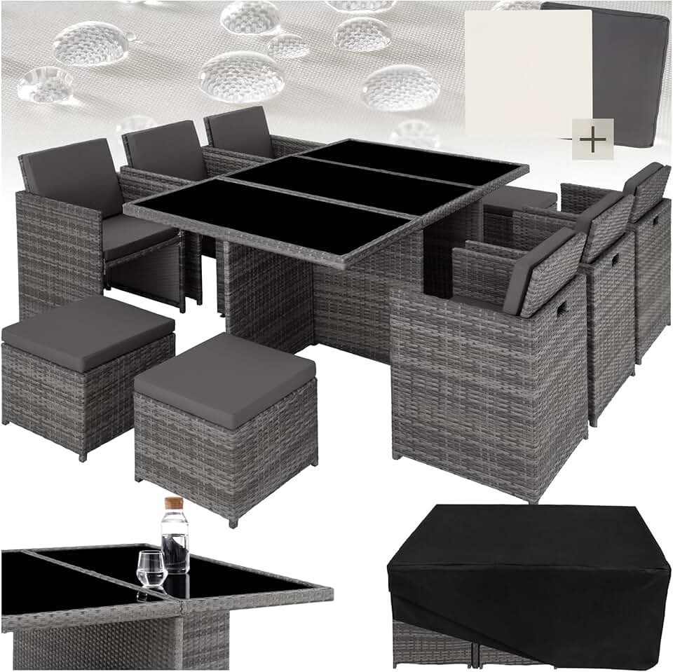 jardinite - Salon de jardin polyrotin 10 places, housses incluses, gris