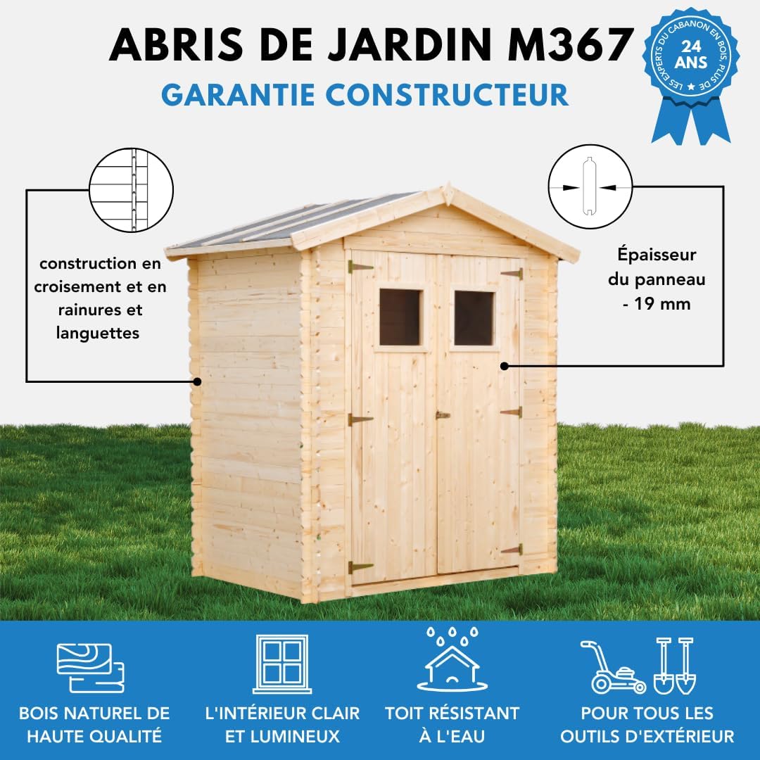 Abri de Jardin en Bois avec Sol TRAITÉ - Stockage extérieur I196xL136xH218 cm/ 1.98 m2 Petit abri à Outils, Local à vélos - Toit imperméable, fenêtres - jardinite M367