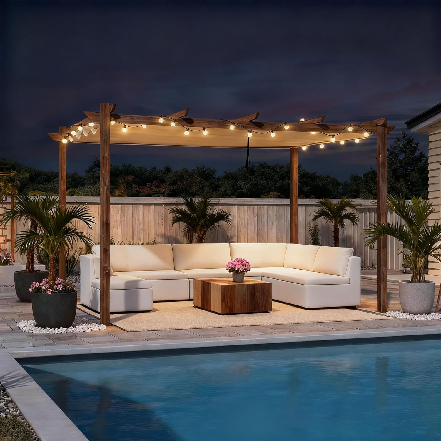 jardinite - Pergola aluminium 4x3m, toit rétractable, éclairage intégré, finition teck, kaki