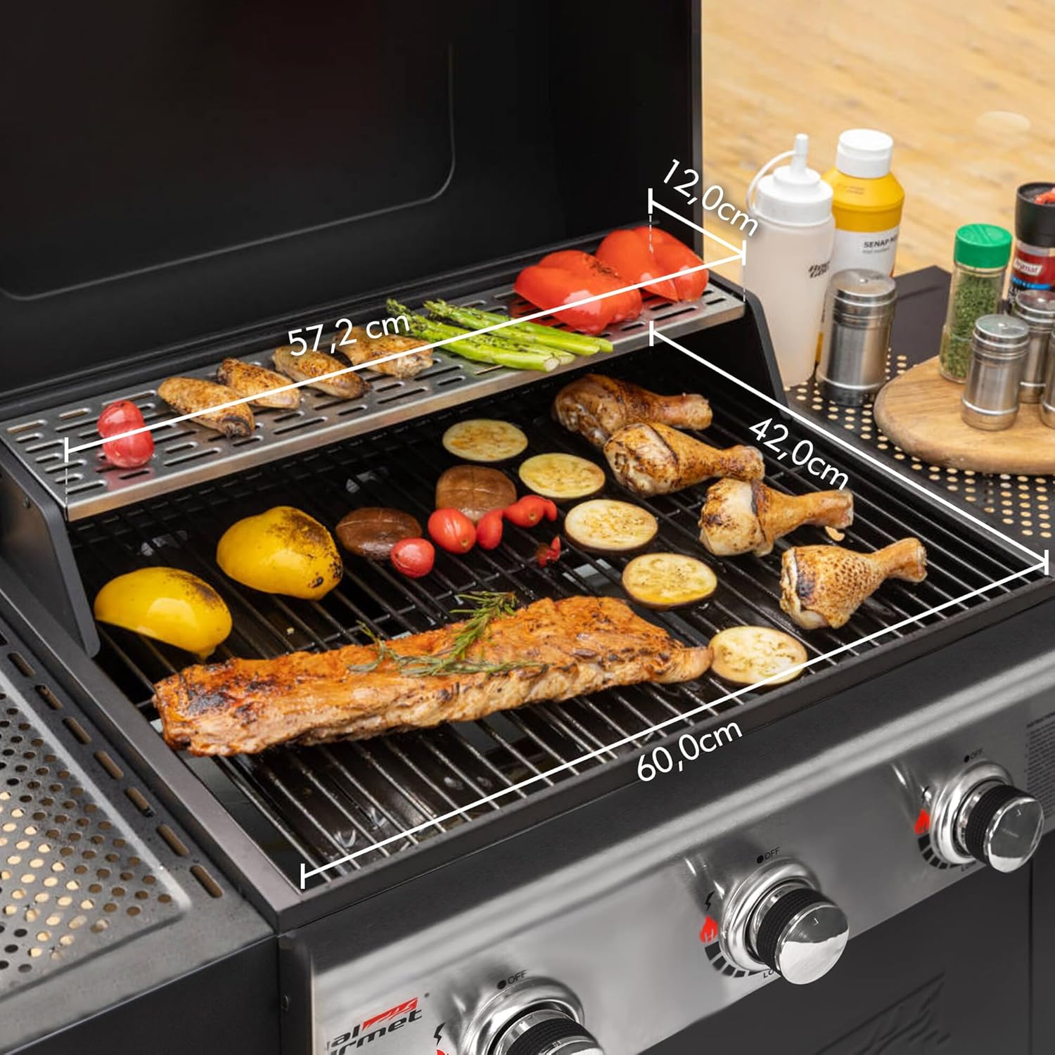 jardinite – BBQ Gaz 3 brûleurs – 9kW – chariot, capot, grilles, jardin