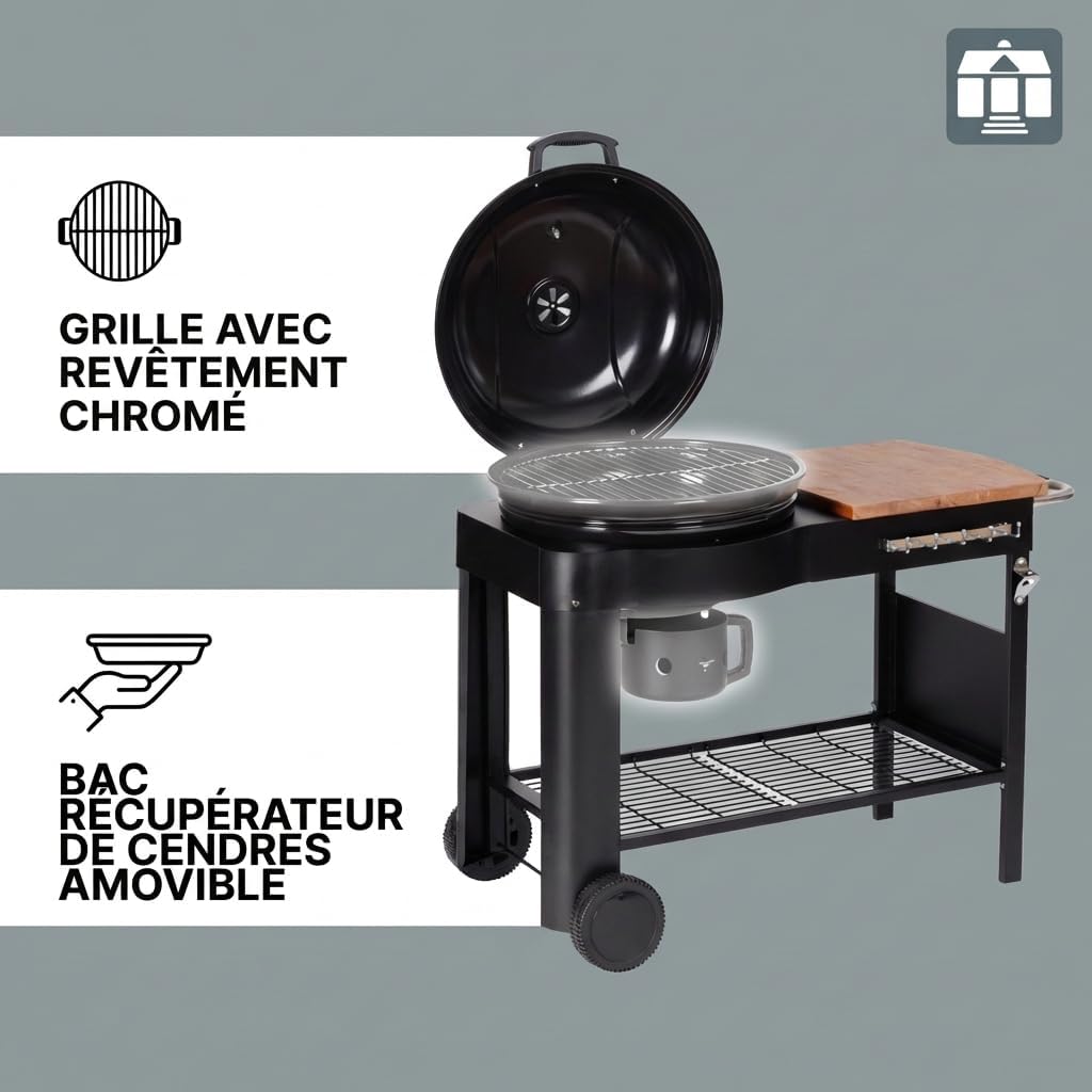 jardinite - Barbecue Calgary - acier/bois - couvercle thermomètre, tablettes, 2 roues, noir
