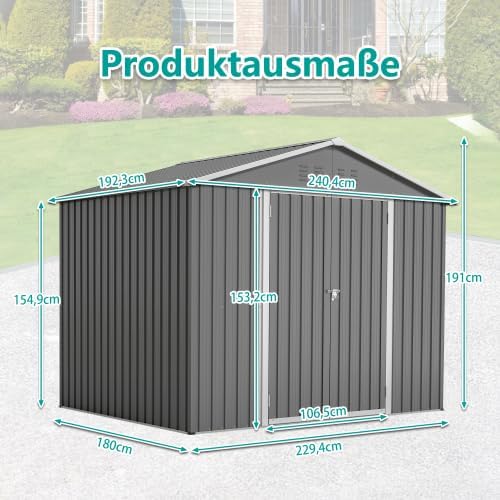 Abri de jardin en métal de 2,29 x 1,8 m - Anthracite - Avec ventilation et porte de 106 cm - Résistant aux intempéries - Pour outils de jardin, tondeuse à gazon et rangement extérieur