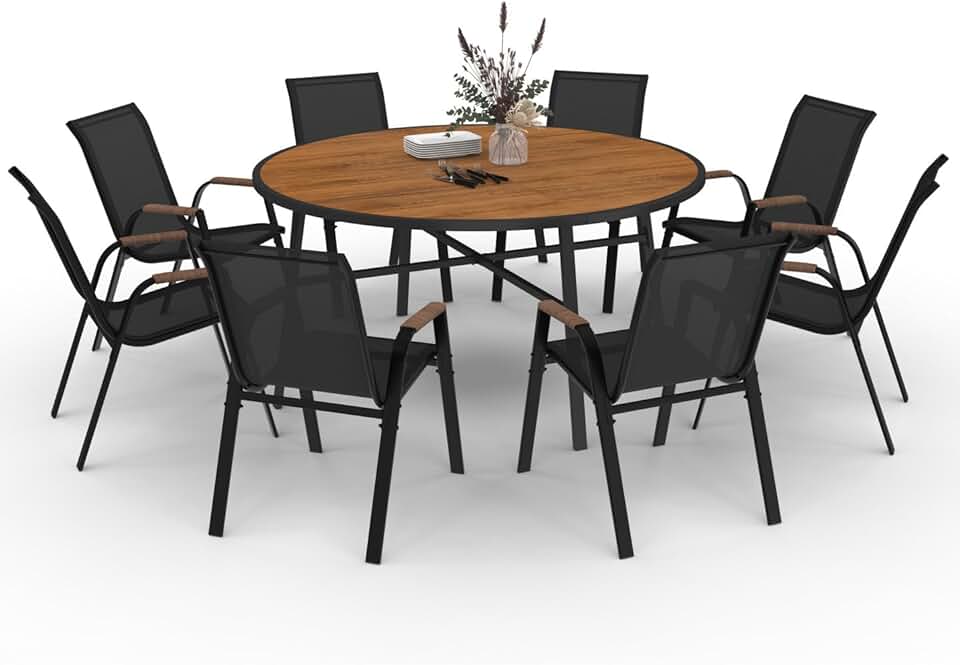 jardinite - Noumea - Table ø150 cm et 8 chaises empilables, verre et bois