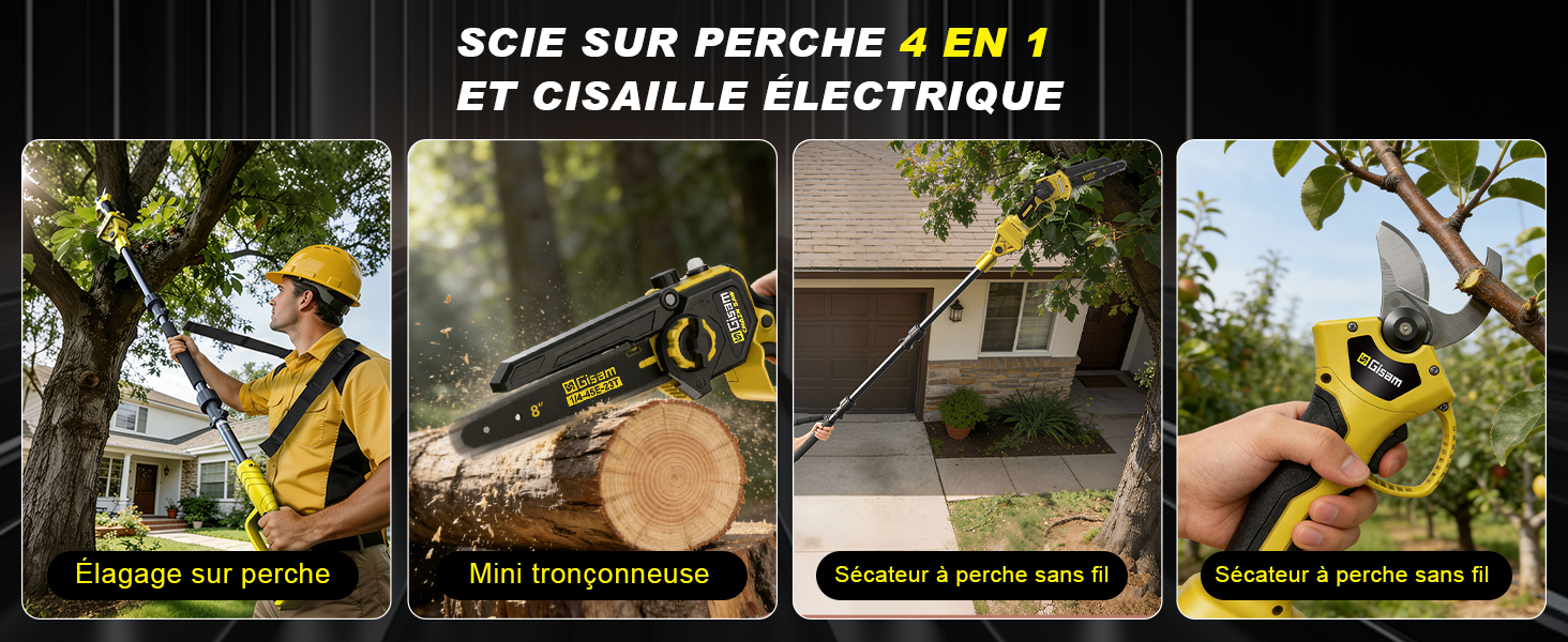 Le texte se lit comme suit : « AUX CISEAUX JAPONAIS ET CISAILLE ÉLECTRIQUE ». Démonstration en quatre panneaux montrant les techniques d'élagage des jardins à l'aide de différents outils.