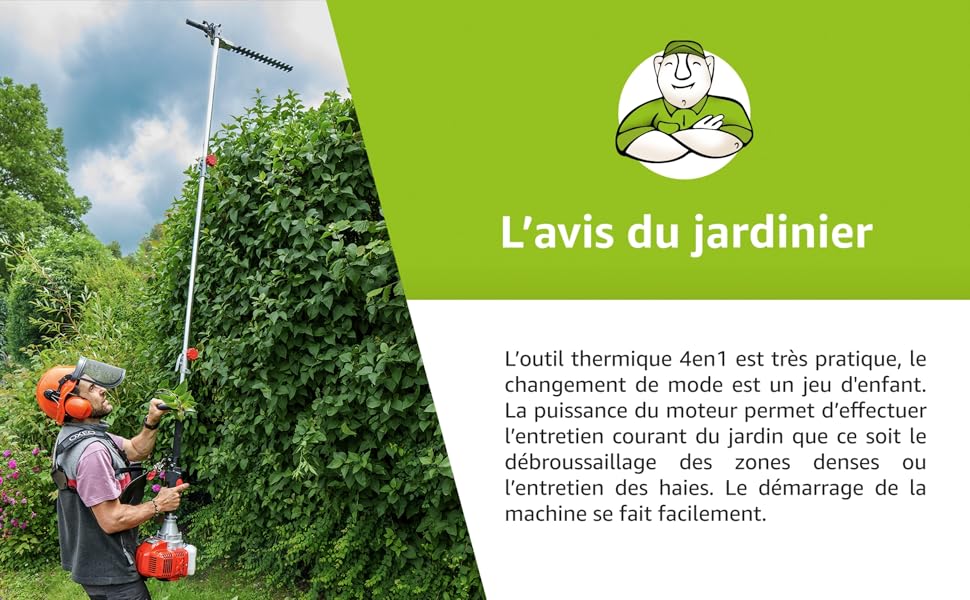 Scène d'entretien du jardin montrant un taille-haie électrique utilisé sur de hautes haies sur fond de ciel bleu, avec panneau d'information vert