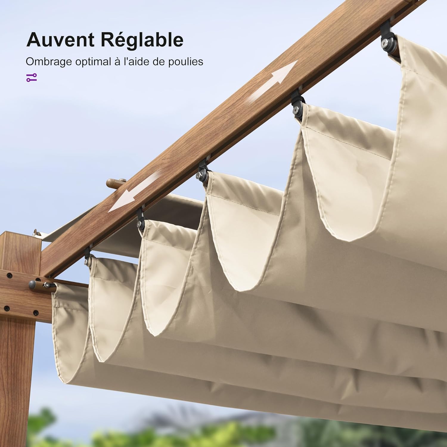 jardinite - pergola aluminium - 3x3m - teck, toile rétractable, kaki