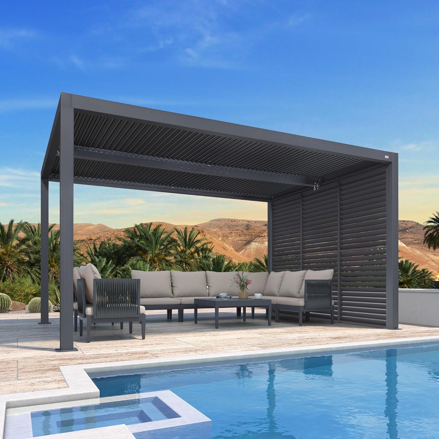 jardinite - Pergola bioclimatique - 4,24x3m - aluminium, persienne fixe, lames orientables