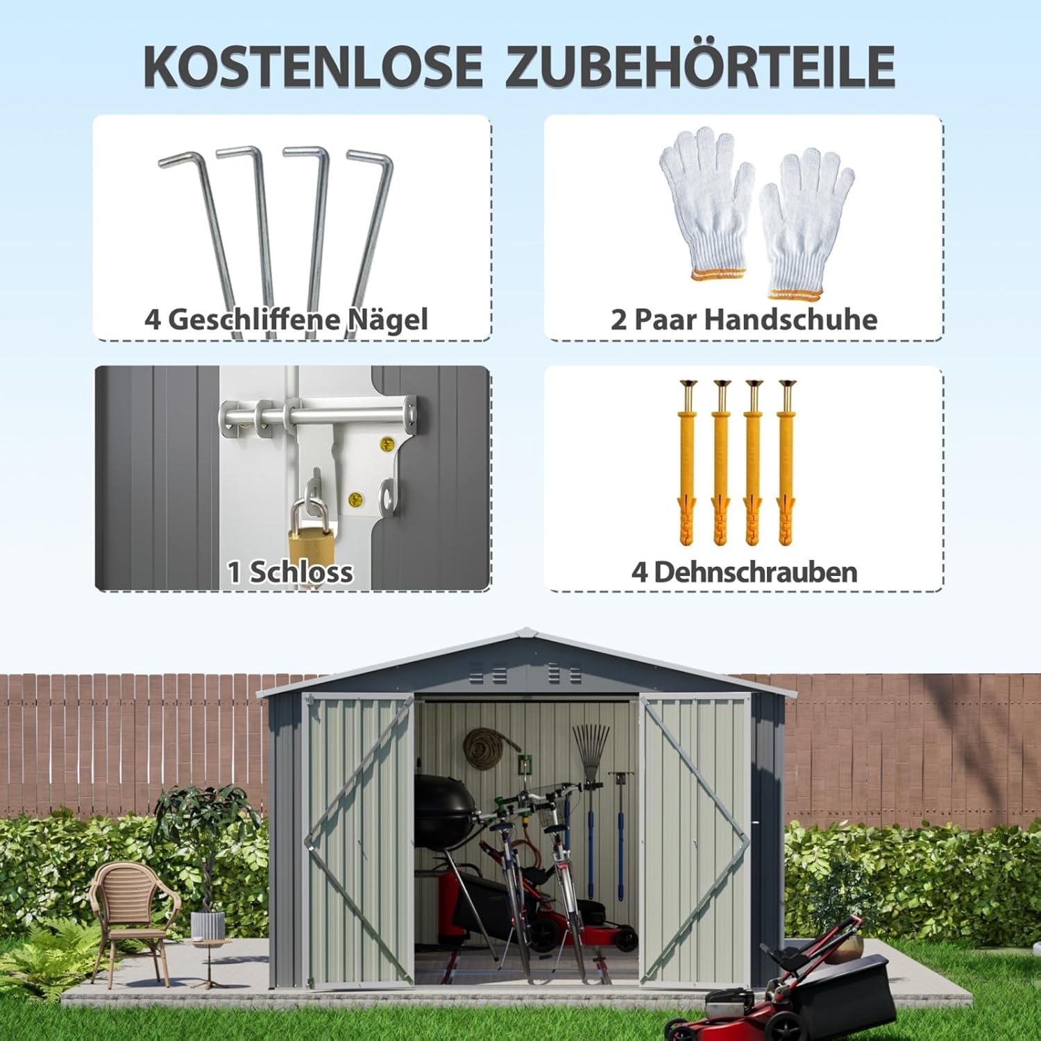 Abri de Jardin en Métal avec Cadre de Plancher, Coffre de Jardin en Acier Robuste, Cabanon de Jardin Extérieur Imperméable avec Portes Verrouillables, Gris (10x10 FT)