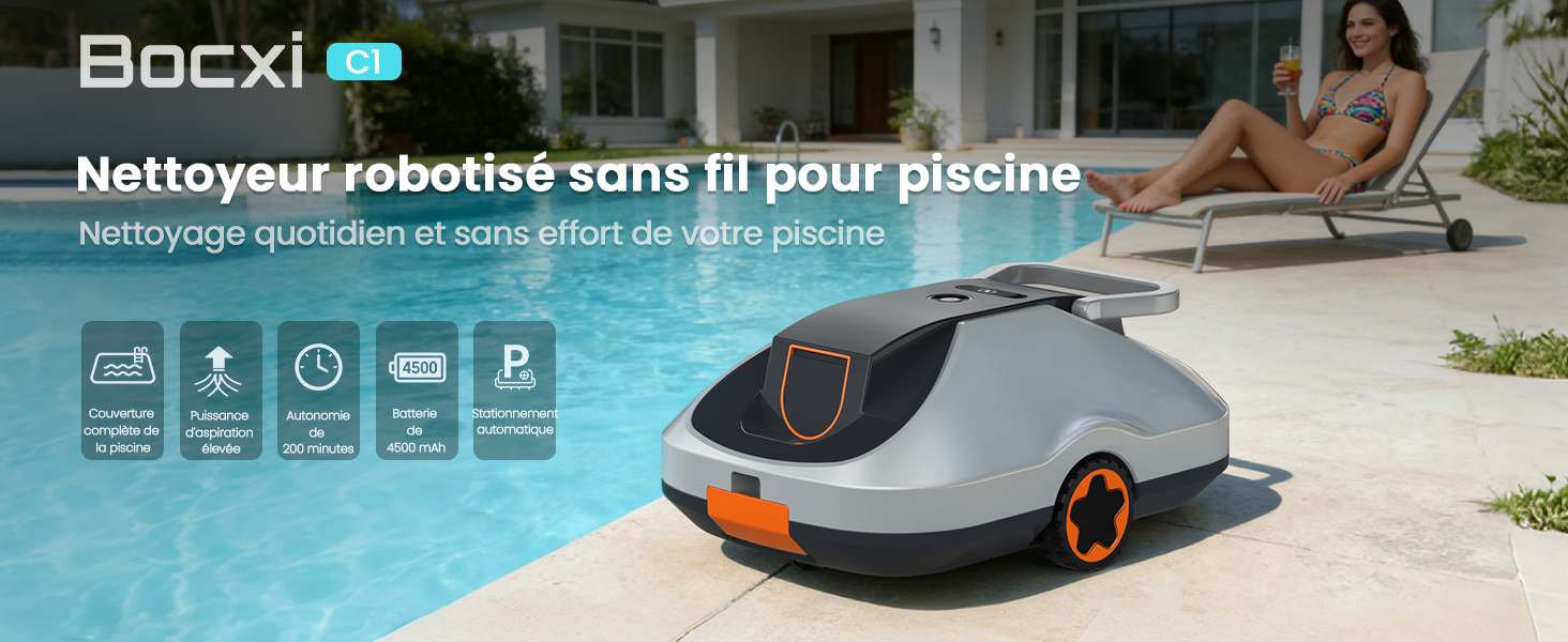 Le texte indique « Image 5 » et « jardinite ». Aspirateur robot présenté en couleur bleu-gris, avec une image promotionnelle de style de vie le montrant en cours d'utilisation.
