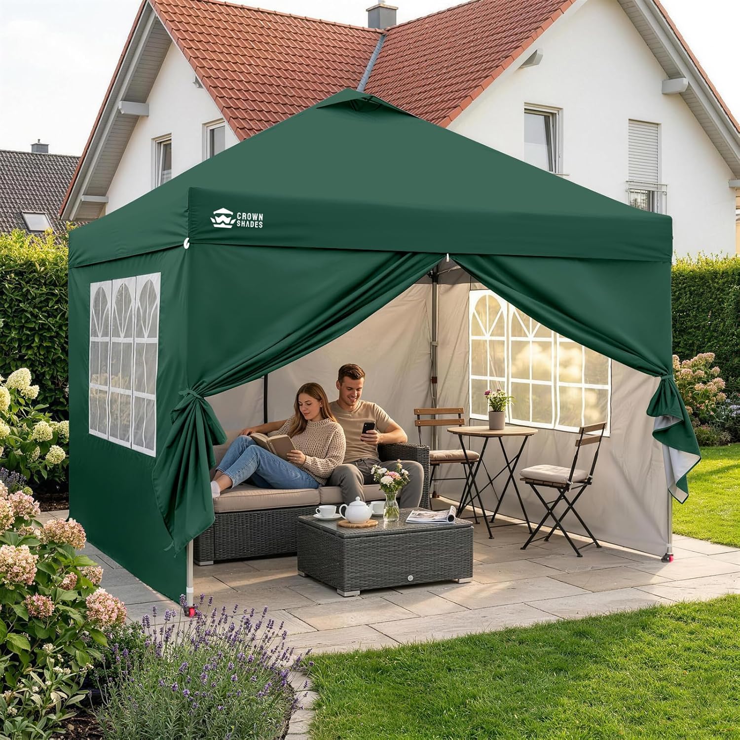 jardinite Tonnelle Pliante 3x3 Imperméable, Barnum Pliant de Jardin Exterieur, Pop-Up Gazebo avec Sac de Rangement, UPF 50+, avec 4 Parois Latérales Amovible, 4 Sac de Sable, Vert Forêt
