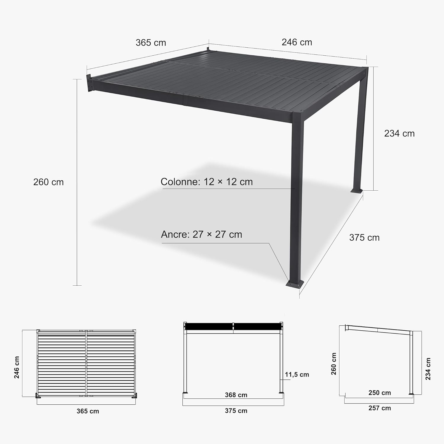 jardinite - pergola bioclimatique adossée - 2,5x3,65m - aluminium, lames orientables, imperméable, gain de place