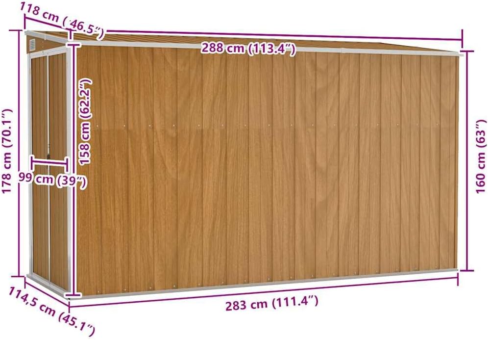 Abri de jardin mural - acier galvanisé marron - 118x288x178 cm - structure robuste - 316228