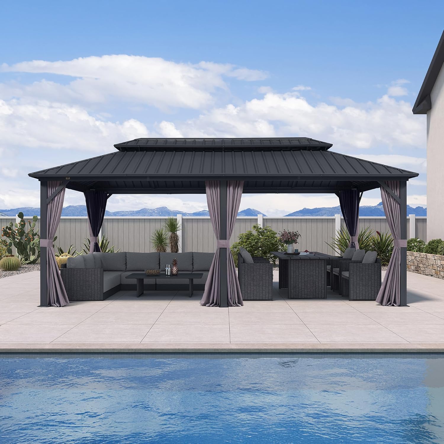 jardinite - pergola double toit 6x3m, alu & acier, rideaux & moustiquaire