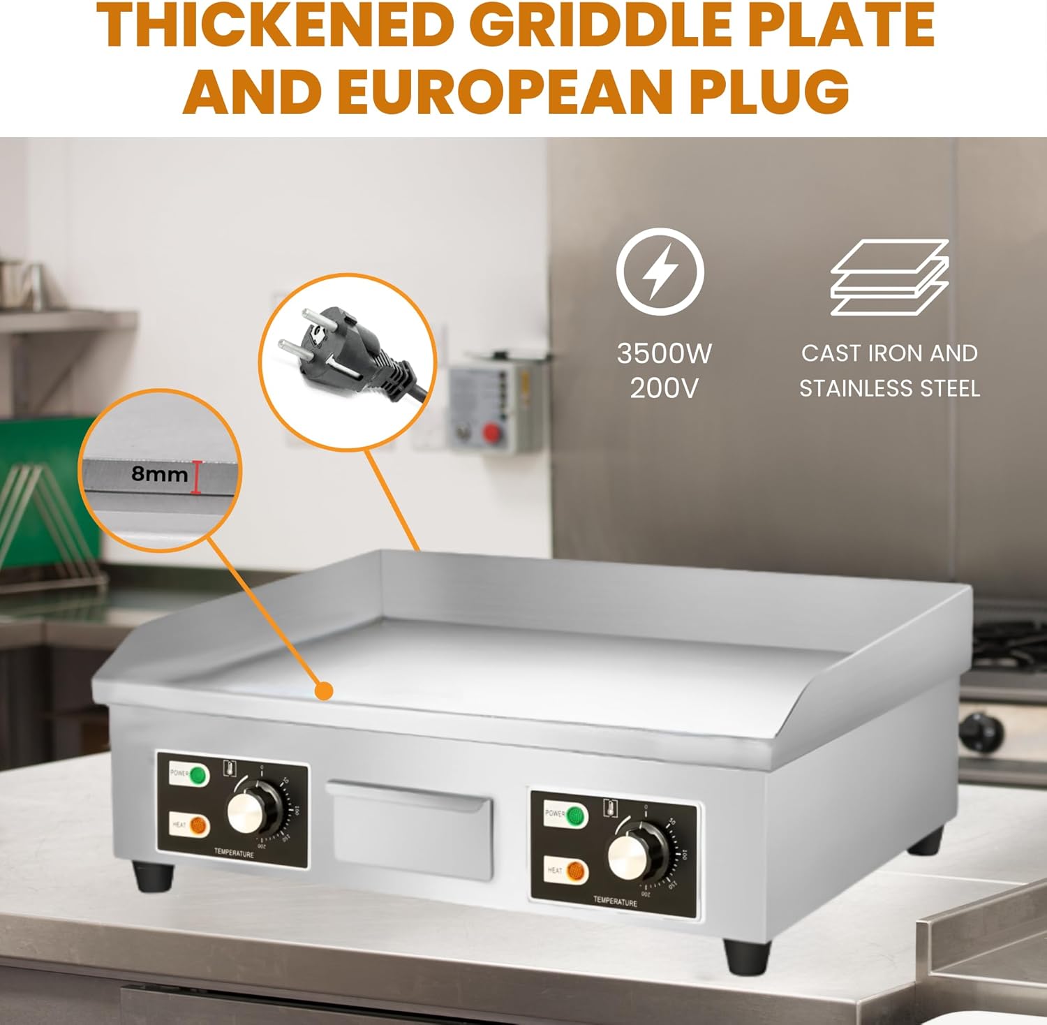 Plancha électrique - 66x44cm inox, thermostat jusqu'à 300°C, 3500W