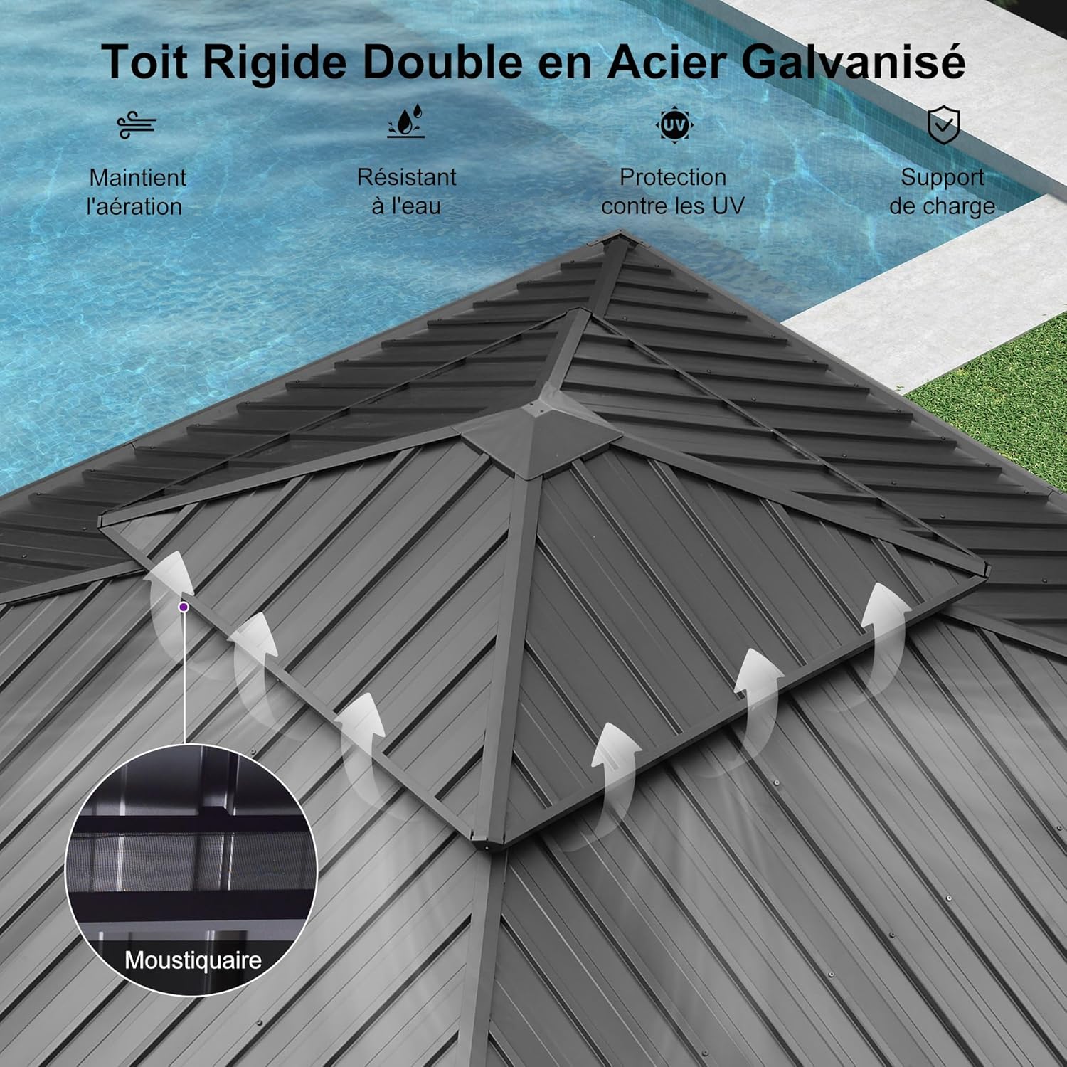 jardinite - tonnelle double toit acier 4x4m, rideaux, moustiquaire