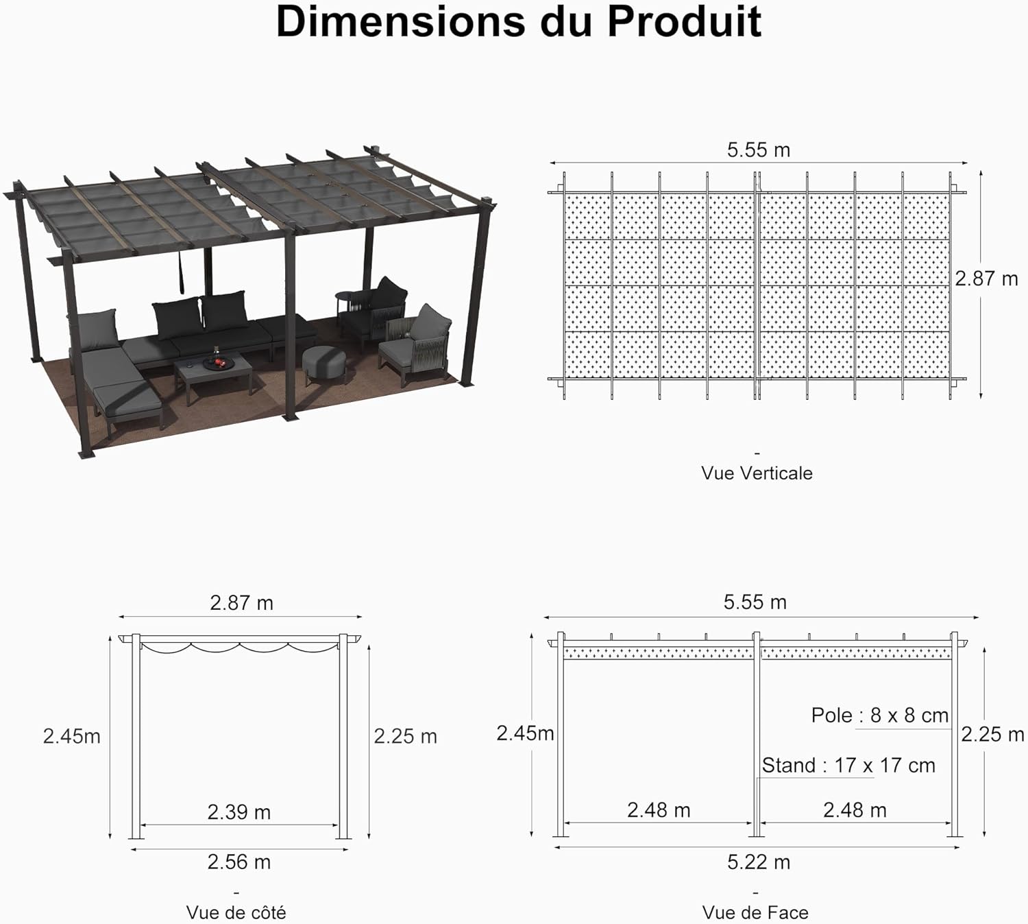 jardinite - Pergola aluminium 5,5x3m, éclairage LED, toit rétractable