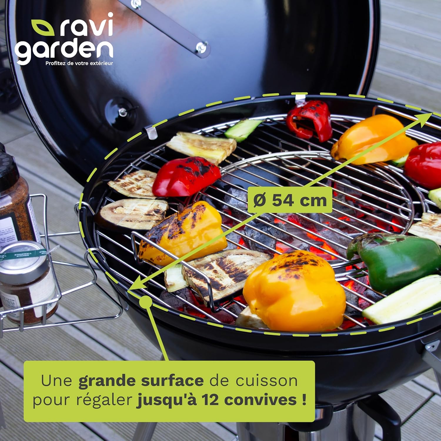 Barbecue charbon de bois - 57 cm - couvercle, boule, cendres, 8-12 pers