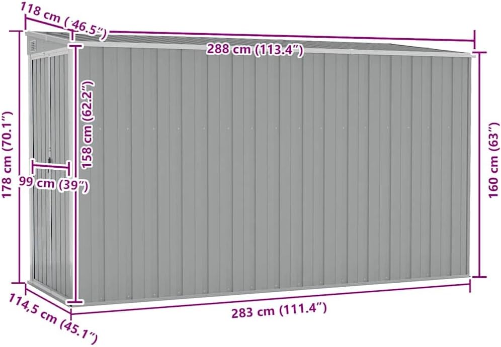 Abri de jardin mural acier gris 118x288x178 cm, rangement extérieur