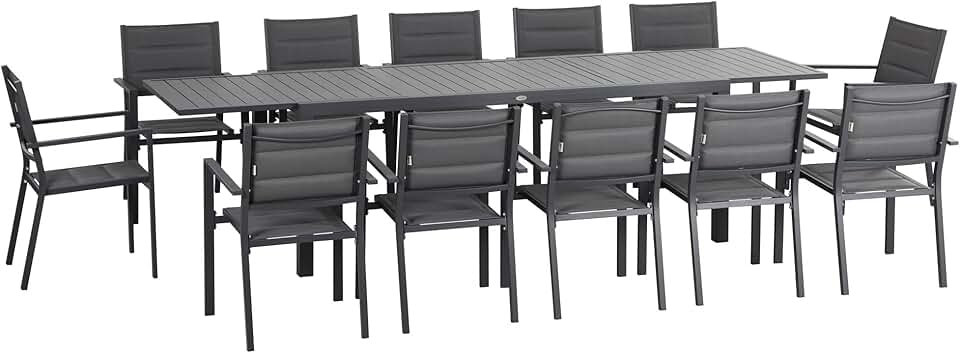 jardinite - Salon de jardin alu textilène extensible - 200/300x90x75cm - 12 chaises empilables
