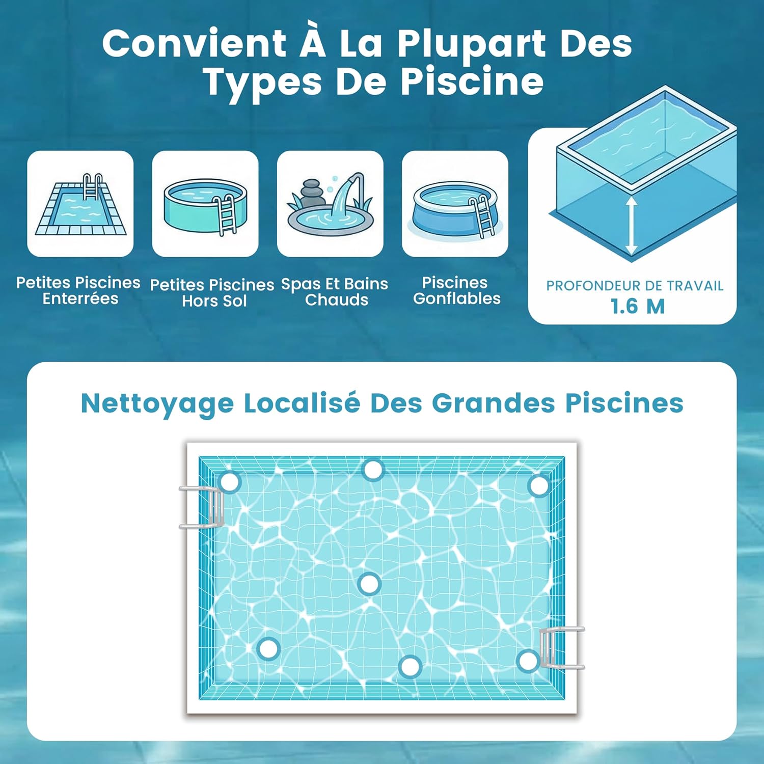 Aspirateur de piscine sans fil - 45 min autonomie - rechargeable - pour piscines hors-sol et spas