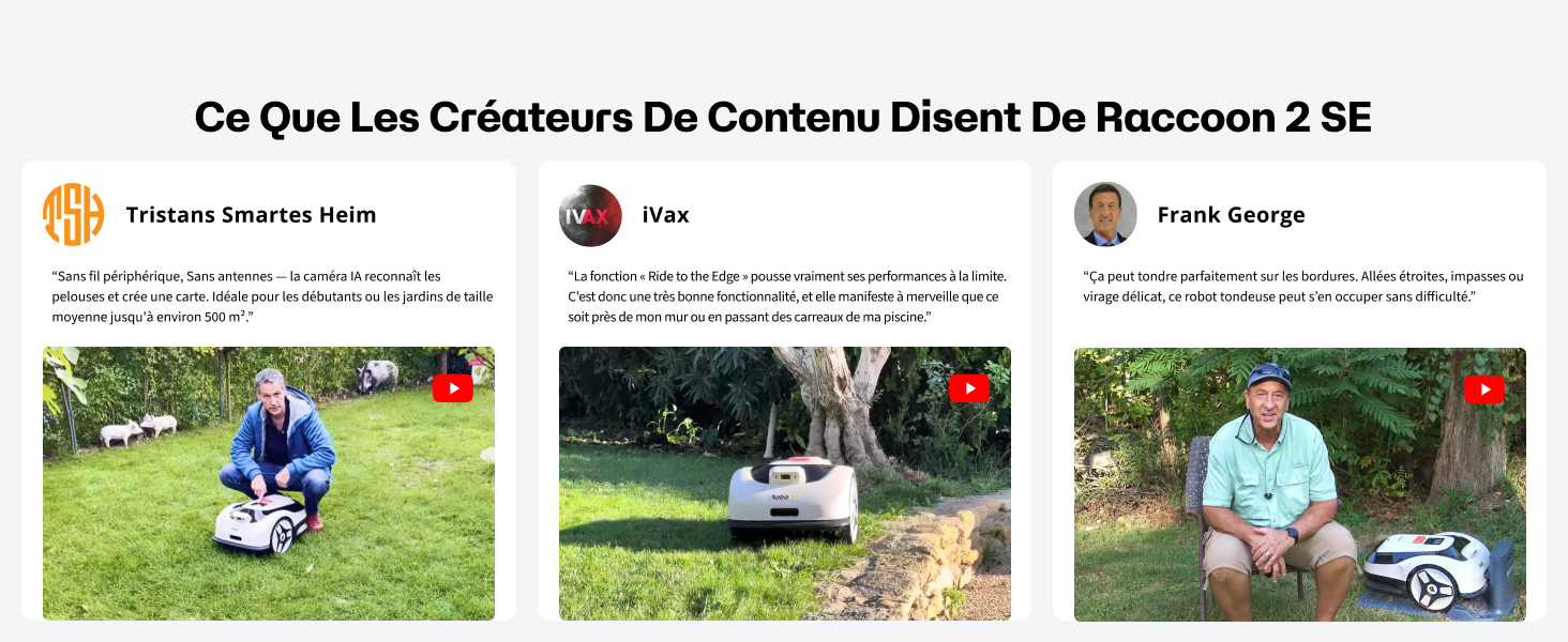 Le texte se lit comme suit : « Ce Que Les Créateurs De Contenu Disent De Raccoon 2 SE ». Collection de vignettes vidéo montrant des scènes extérieures et des démonstrations de produits.