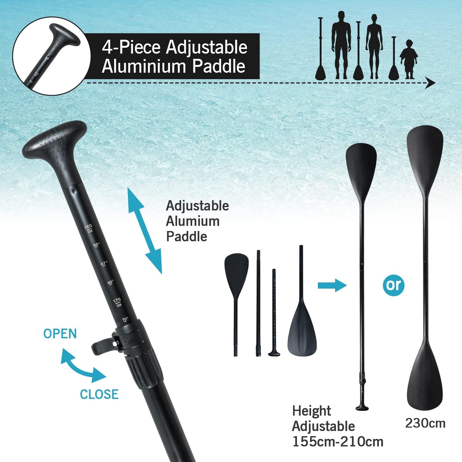 jardinite - Paddle gonflable adulte - 320/335cm - 2 places, siège kayak, pagaie alu, support caméra, jusqu'à 150kg