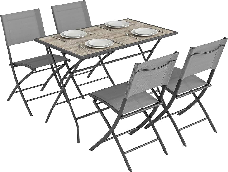 jardinite - ensemble salle à manger pliant 5 pièces, sièges textilène, gris
