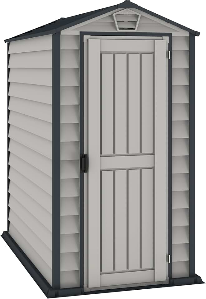 jardinite EverMore 4 x 6 (1.99 m²) Abri de jardin en plastique, solution de stockage extérieur ignifuge et tout temps, avec plancher en plastique, abri en vinyle sans entretien, Adobe & Grey