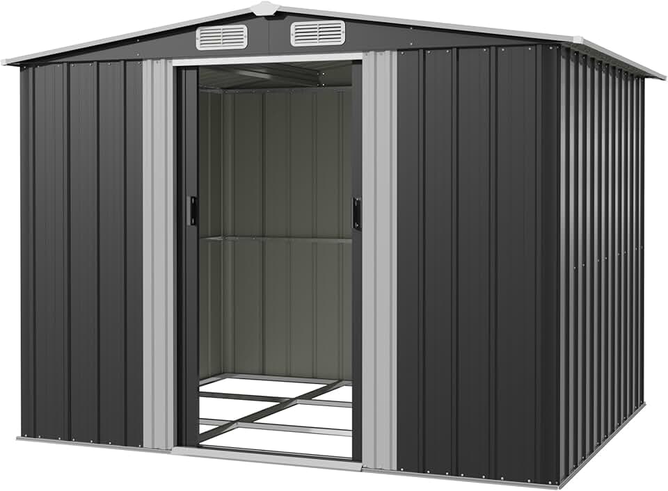 jardinite Abri de Jardin Métallique 8x6ft, Grand Rangement Extérieur pour Outils, Vélos et Poubelles, Toit Penté et Ventilation Inclus, Résistant aux Intempéries, pour Jardin, Terrasse et Pelouse, Noir