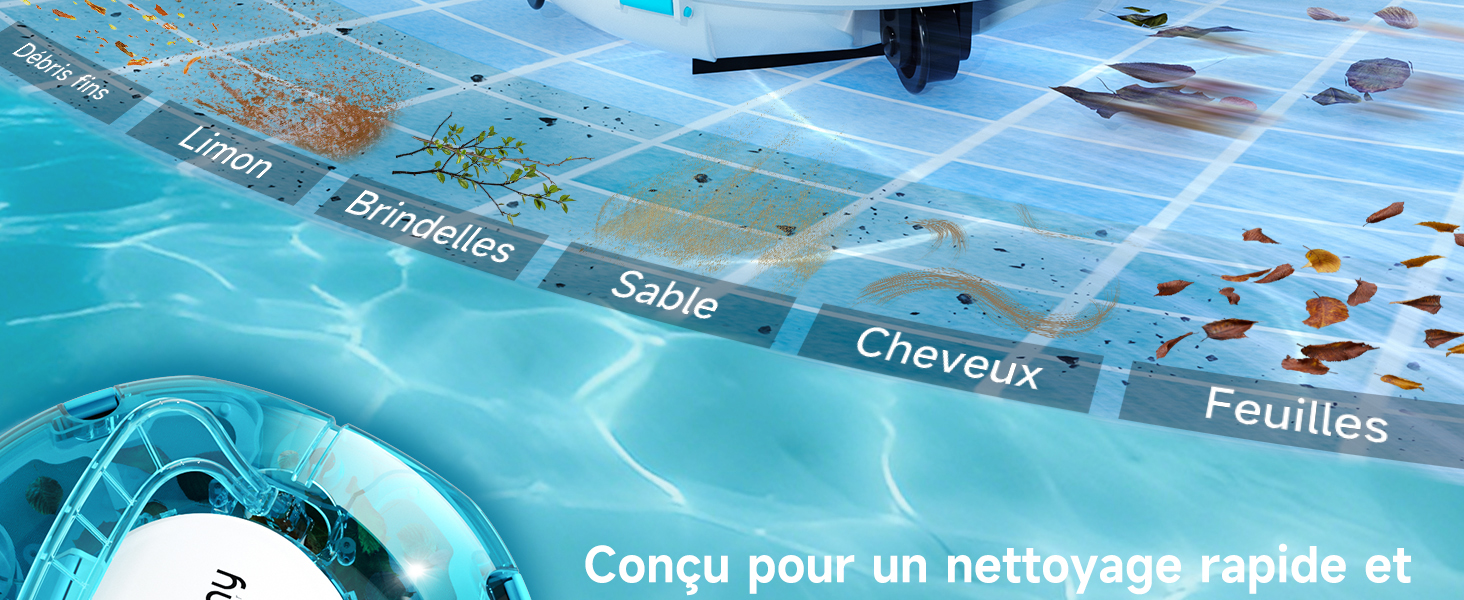 Le texte se lit comme suit : « Changer l'huile pour une meilleure performance ». Piscine bleue avec séparateurs de voies et eau.