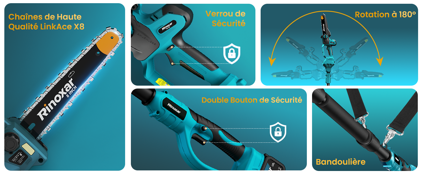 Le texte indique « Cordless da Ricarica », « Qualità Ultrapro X9 », « Ritorno a 180° », « Batteria Durativa Ultrapro X9 » (rechargeable, qualité Ultra Pro X9, retour à 180°, batterie durable Ultra Pro X9). Panneaux de produits bleus affichant les caractéristiques et les spécifications des outils sans fil.