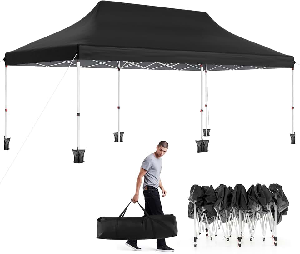 jardinite Tonnelle Pliante 3x6m Imperméable, Tonnelle Barnum Pliante 3x6 de Jardin Exterieur, Sac de Transport, Sac Lesté, Pavillon de Jardin Pop-Up pour Fête, Mariage (Noir|sans Bâche)
