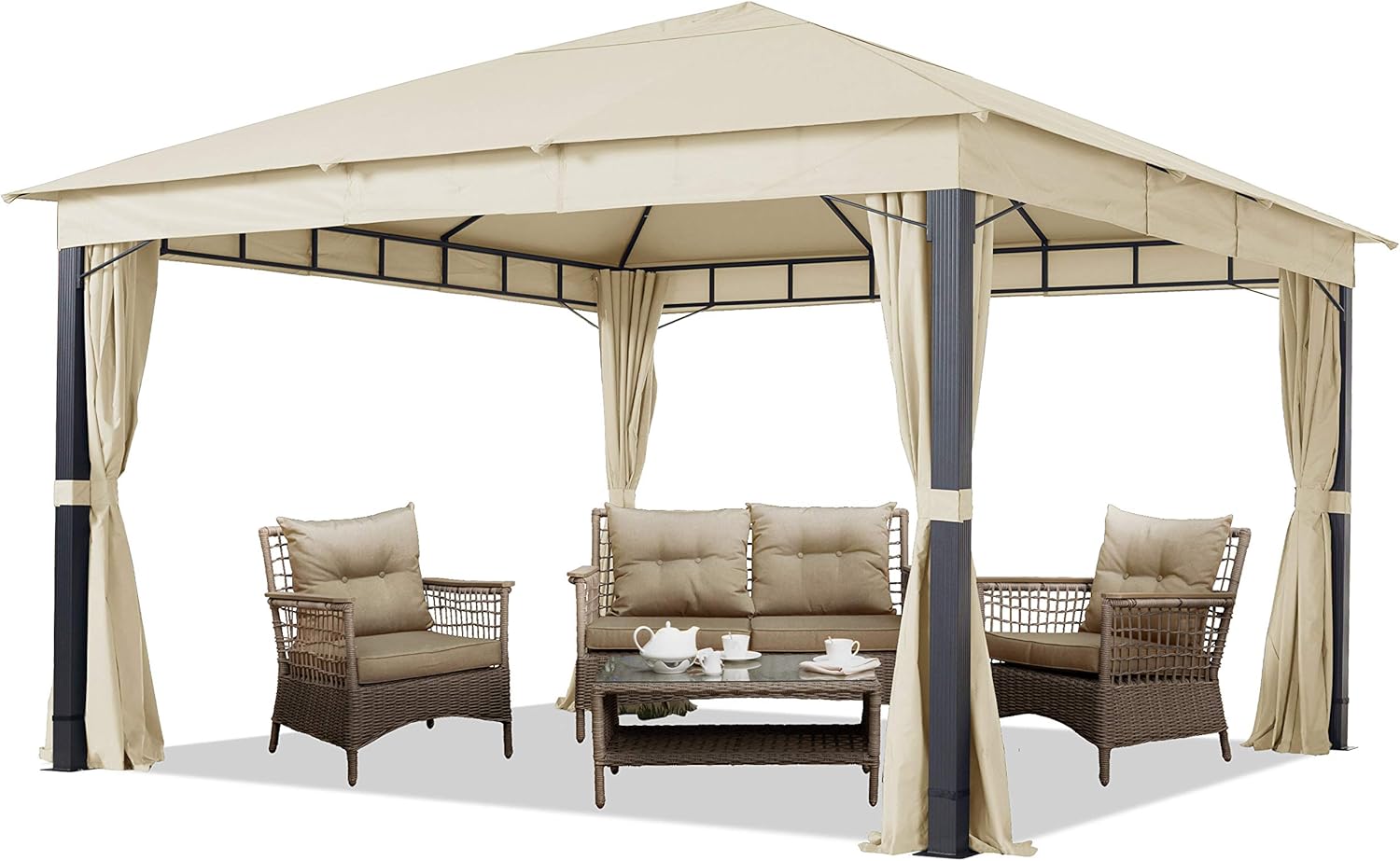 Pavillon de Jardin - ALU Premium - 4x4 m - bâche 220g/m² imperméable, 4 côtés, Champagne