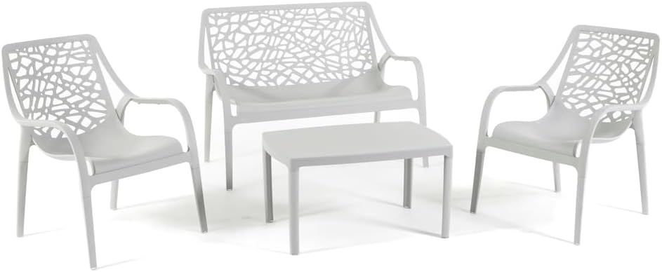 Salon de jardin - Maratea - 2 places + 2 fauteuils + table - polypropylène & fibre de verre, empilable, imperméable, gri