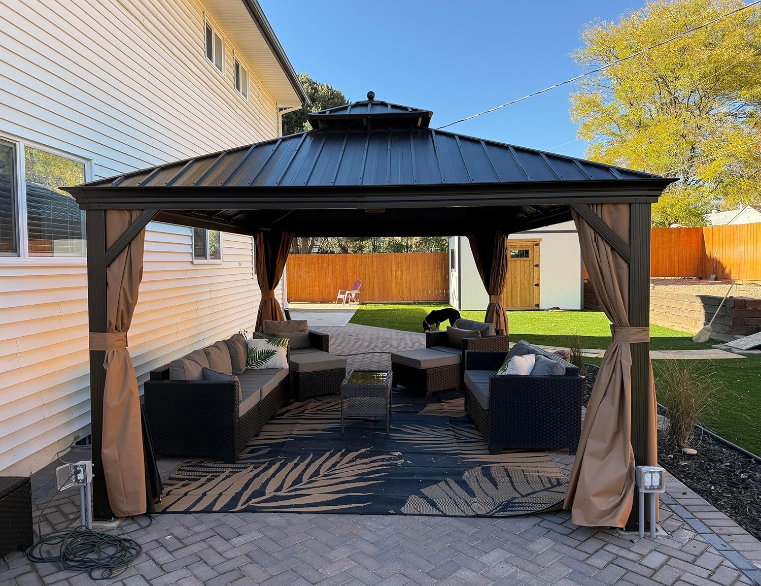 jardinite - Pergola toit double 4,85x3,65m acier moustiquaire rideaux