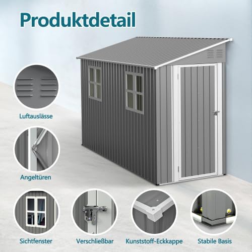Abri de jardin métal - design adossé 1,2x3m, portes, fenêtres, kit de sol