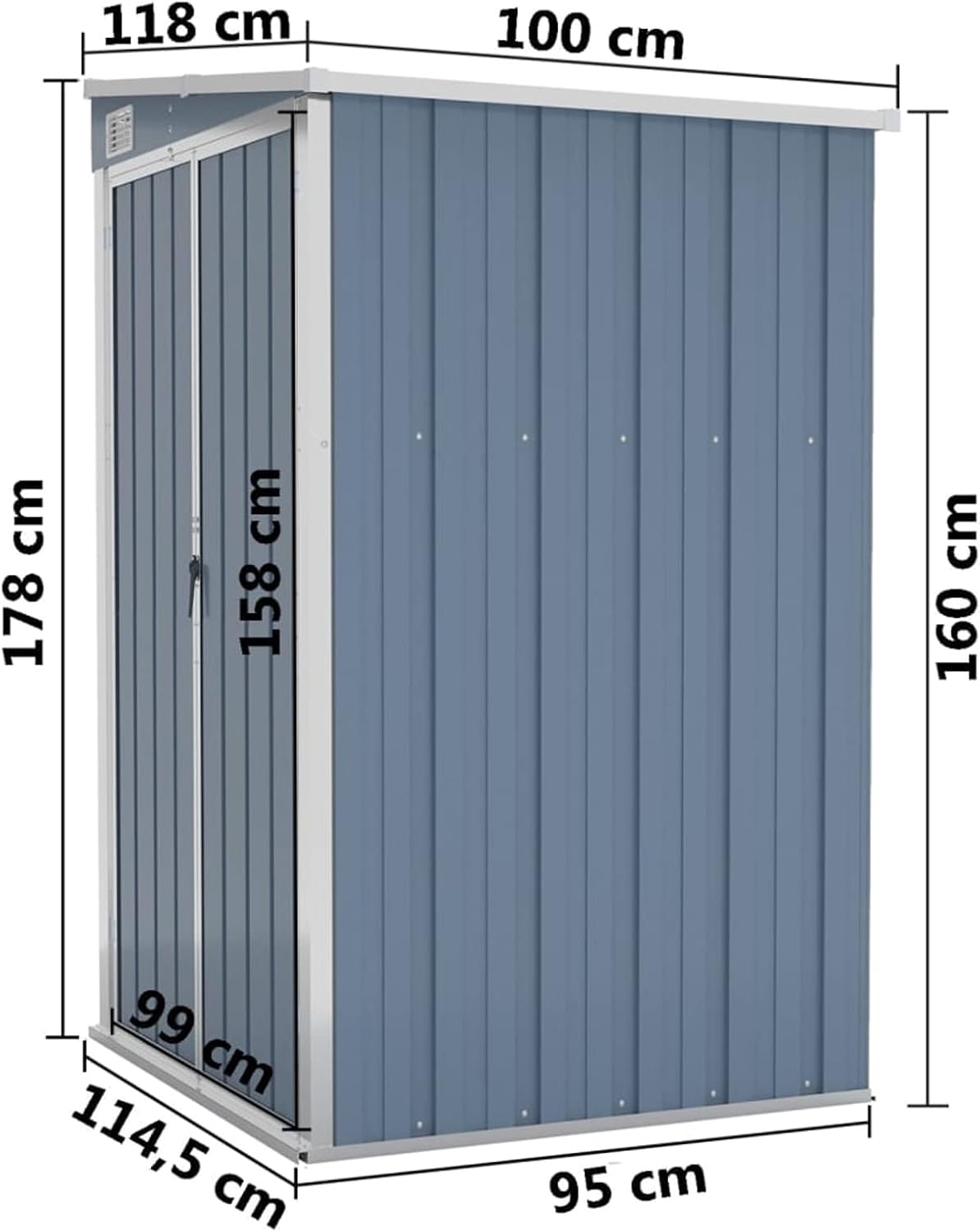 Abri de jardin mural acier galvanisé gris, 118x100x178cm, robuste