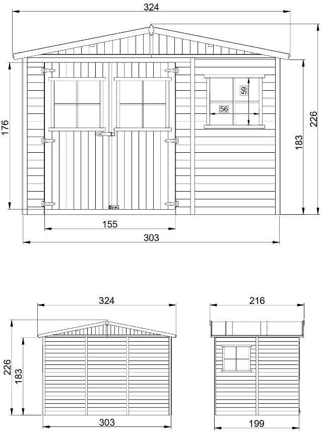 Abri de Jardin en Bois Exterieur avec Les PLANCHERS IMPRÉGNÉ- Cabane de Jardin en Pin/épicéa-H226x324x216 cm/6m2- Construction de Panneaux- Rangement pour vélos, Remise à Outils- jardinite M334+M334G
