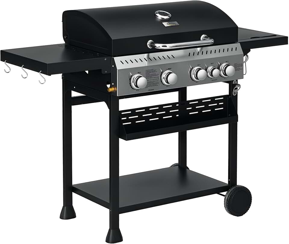 jardinite - Barbecue gaz 4+1 brûleurs 12,5kW - roulettes, étagères