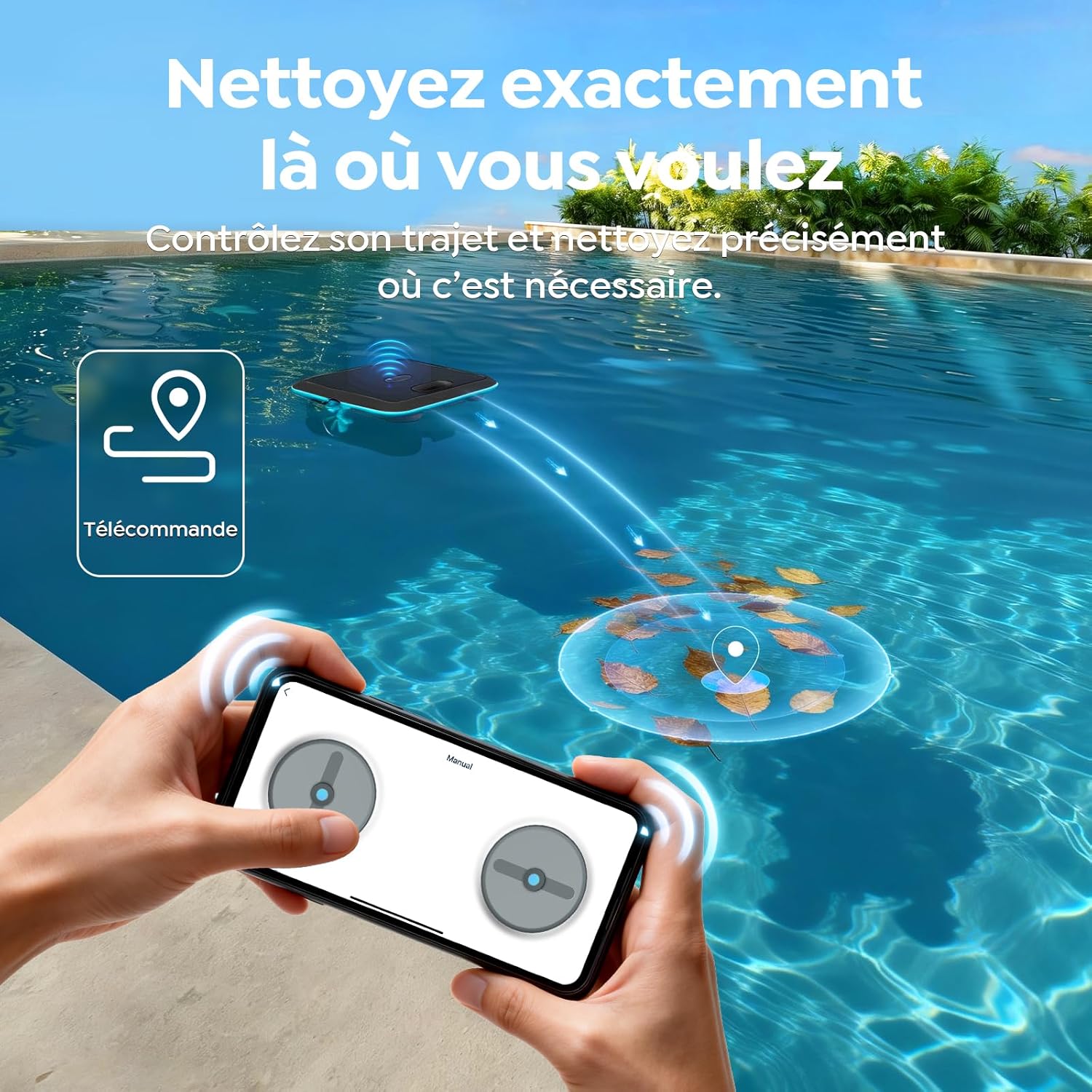 Robot skimmer piscine solaire sans fil, contrôle app, double recharge, SK02