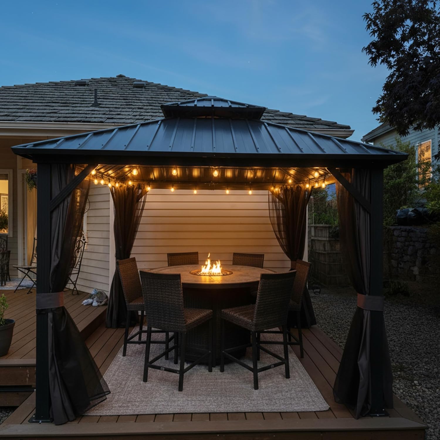 jardinite - tonnelle extérieur double toit 3x3m, alu et acier, rideaux, guirlande lumineuse